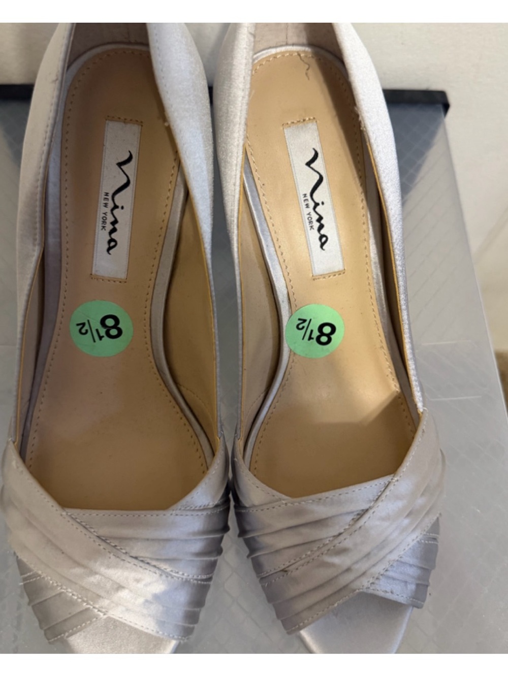 Nina Satin Peep-Toe Heels in Light Silver